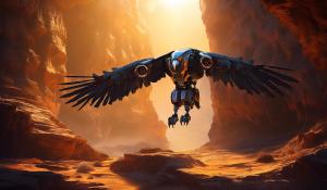 Large condor bird robot hi-tech flying out of cave at sun rise.