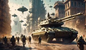 Big military parade in alien city with soldiers and tanks 