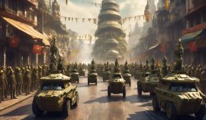 Imperial military parade in road in alien city