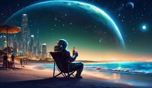 Human man in space planet relaxing on the beautiful beach with beer in his hand with a city in the background by night 