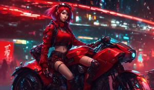 Cyberpunk Anime Girl in Red on a Motorcycle hot