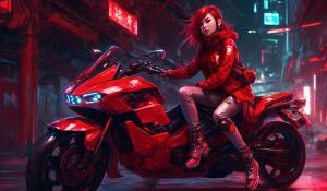 Cyberpunk Anime Girl in Red on a Motorcycle hot