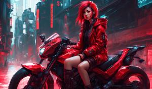 Cyberpunk Anime Girl in Red on a Motorcycle hot