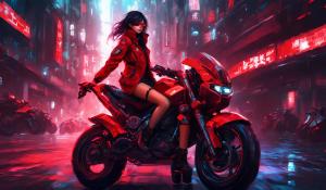 Cyberpunk Anime Girl in Red on a Motorcycle hot