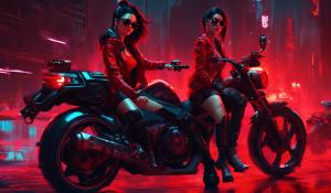 Cyberpunk, Girl in red with black hairs and sunglasses on a motorcycle 