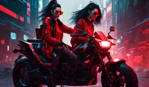 Cyberpunk, Girl in red with black hairs and sunglasses on a motorcycle 