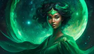 Emerald Green 1Girl Halo Black Female Cortona Space Galaxy Moon Curvy Beautiful 