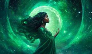 Emerald Green 1Girl Halo Black Female Cortona Space Galaxy Moon Curvy Beautiful 