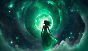 Emerald Green 1Girl Halo Black Female Cortona Space Galaxy Moon Curvy Beautiful 