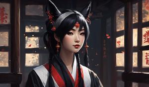 Beautiful shrine maiden, black hair, black fox ears, black fox tail,