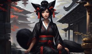 Beautiful shrine maiden, black hair, black fox ears, black fox tail,