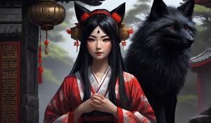 Beautiful shrine maiden, black hair, black fox ears, black fox tail,