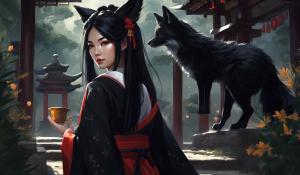 Beautiful shrine maiden, black hair, black fox ears, black fox tail,