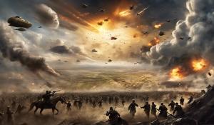 A huge battlefield with a great war going on. The image should depict many scenarios, so that one has to examine the image properly to find them all. In the sky, there should be an epic representation of a deity.