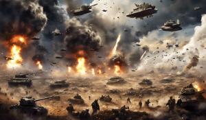 A huge modern battlefield with a great war going on. The image should depict many scenarios, so that one has to examine the image properly to find them all. In the sky, there should be an epic representation of a deity. Many explosions, debris, and limbs are flying around.