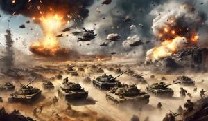 A huge modern battlefield with a great war going on. The image should depict many scenarios, so that one has to examine the image properly to find them all. In the sky, there should be an epic representation of a deity. Many explosions, debris, and limbs are flying around.