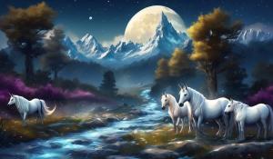 Unicorns, mountain stream, moon