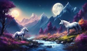 Unicorns, mountain stream, moon