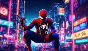 Spider-Man smoking fat joints while swinging through neon lights at night