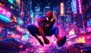 Spider-Man smoking fat joints while swinging through neon lights at night