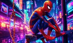 Spider-Man smoking fat joints while swinging through neon lights at night