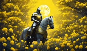 Knight surrounded by yellow flowers and a large full moon