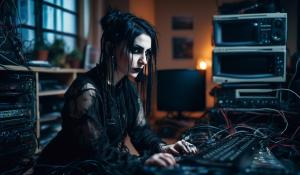 Mature goth girl kneeling on bed in appartment, computers cables and wires scattered around the room aswell as bulky desktop computers with code on them, she is front facing veiwer,close up shot, ,wearing grunge 90s clothing, pallid skirt, soft grunge makeup,