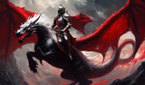 White knight riding on the back of a black and red dragon