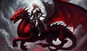 White knight riding on the back of a black and red dragon