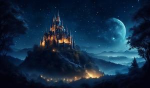 Dark castle on a hill surrounded by woods at night