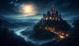 Dark castle on a hill surrounded by woods at night