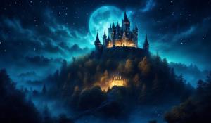 Scary castle on a hill surrounded by woods at night