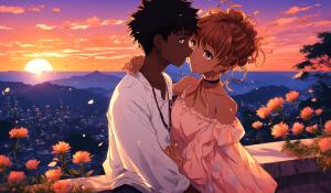 Sweet, interracial couple,sunset