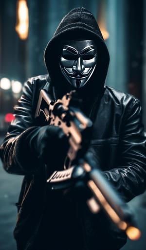 Gangster very detail real life like put gun in hand anonymous mask on him