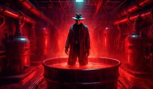 Freddy Krueger in a scary boiler room with dark red lighting