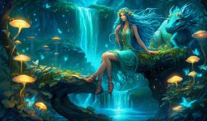 hd art nouveau beautiful fairy with long blue wavy hair, sandals made of vines and flowers that tie up to the knee, sitting on a mushroom  with her pet dragon background has bioluminescence fireflies of variety of colors and a beautiful bioluminescence turquoise waterfall in the background mystical 