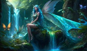 ethereal hr hd 8k of a beautiful  fairy with long wavy blue hair and green eyes, beautiful perfect  mature body,  beautiful elaborate finely detailed wings, sheer clothing, sandals that tie up to the knee, sitting on a mushroom, with her pet dragon, bioluminescence waterfall in the background and dragon flies, no extra limbs, must be in the frame, no deformities, not ugly