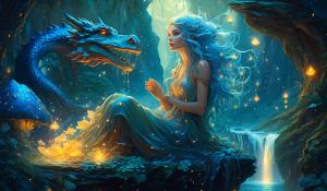 surreal beautiful fairy with curly lang blue hair sitting on a mushroom with her mighty pet dragon sheer clothing bioluminescence  waterfall in the background and fire flies art nouveau high relief