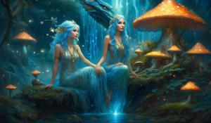 surreal beautiful fairy with curly lang blue hair sitting on a mushroom with her mighty pet dragon sheer clothing bioluminescence  waterfall in the background and fire flies art nouveau high relief