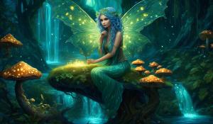 beautiful fairy with curly blue hair and green eyes sitting with beautiful elaborate lace-like wings  on a mushroom with her pet dragon bioluminescence  waterfall and glowing fireflies art nouveau high relief no extra limbs or deformities not ugly 