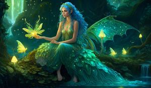 beautiful fairy with curly blue hair and green eyes sitting with beautiful elaborate lace-like wings  on a mushroom with her pet dragon bioluminescence  waterfall and glowing fireflies art nouveau high relief no extra limbs or deformities not ugly 