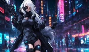 Cyberpunk Girl, White Hair, Mask, black coat, sniper, big boobs