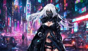 Cyberpunk Girl, White Hair, Mask, black coat, sniper, big boobs