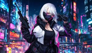 Cyberpunk Girl, White Hair, Mask, black coat, sniper, big boobs