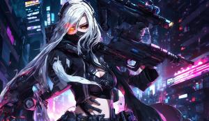 Cyberpunk Girl, White Hair, Mask, black coat, sniper, big boobs