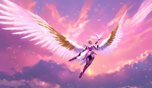 Overwatch pink mercy flying in the sky With beautiful long white wings