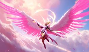 Overwatch pink mercy flying in the sky With beautiful long white wings