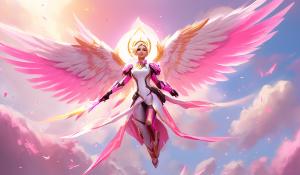 Overwatch pink mercy flying in the sky With beautiful long white wings