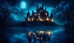 Dark scary castle at night, surrounded by water