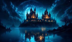 Dark scary castle at night, surrounded by water